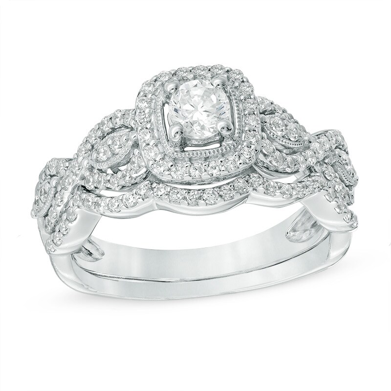 Main Image 1 of Previously Owned - 3/4 CT. T.W. Diamond Square Frame Vintage-Style Bridal Set in 10K White Gold