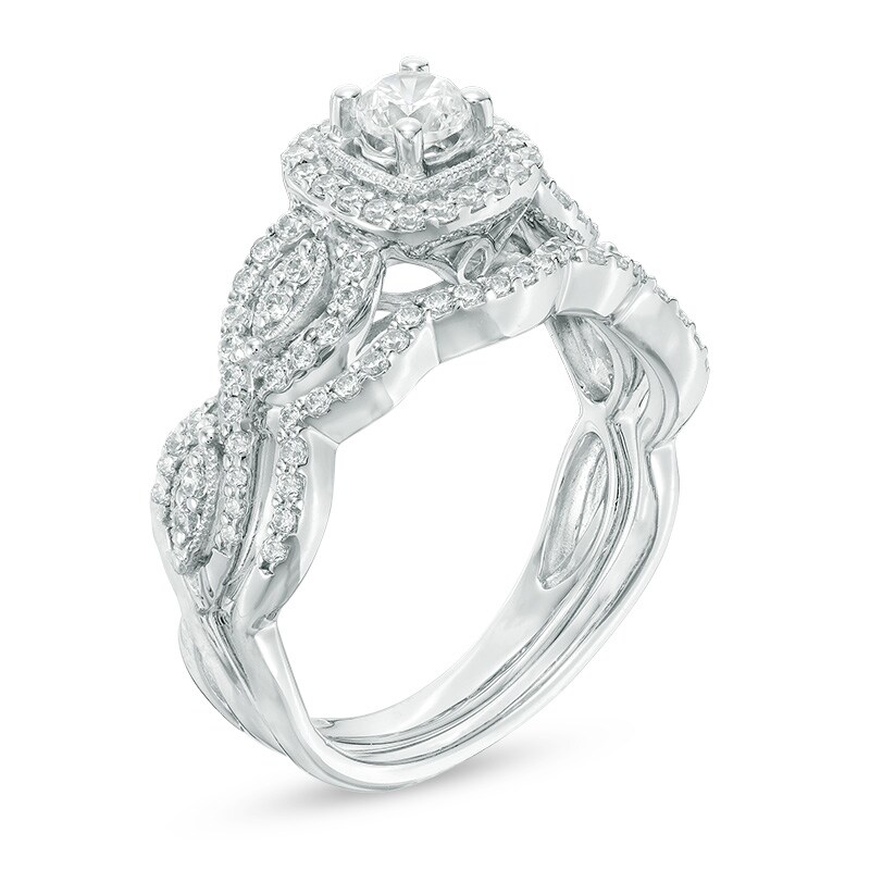 Main Image 2 of Previously Owned - 3/4 CT. T.W. Diamond Square Frame Vintage-Style Bridal Set in 10K White Gold