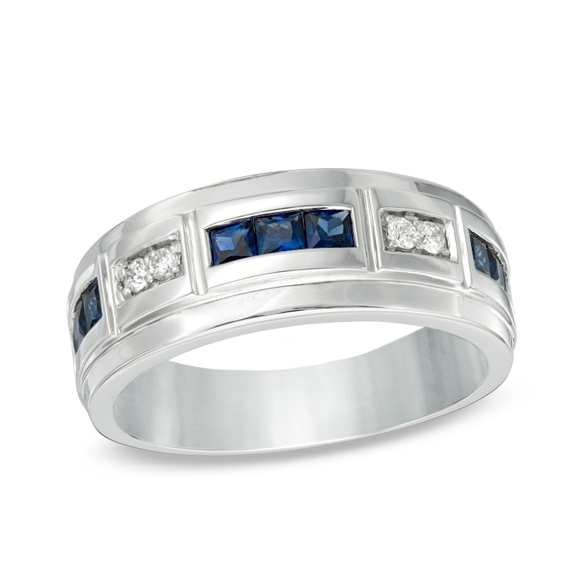Main Image 1 of Previously Owned - Lab-Created Blue Sapphire and 1/10 CT. T.W. Diamond Alternating Band in 10K White Gold