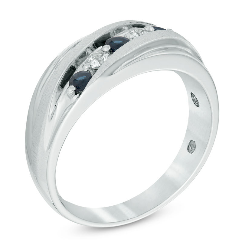 Previously Owned - Men's Lab-Created Blue and White Sapphire Five Stone Slant Band in Sterling Silver