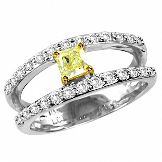 Previously Owned - 3/4 CT. T.w. Radiant-Cut Natural Fancy Yellow and White Diamond Orbit Band in 18K White Gold (Si2)