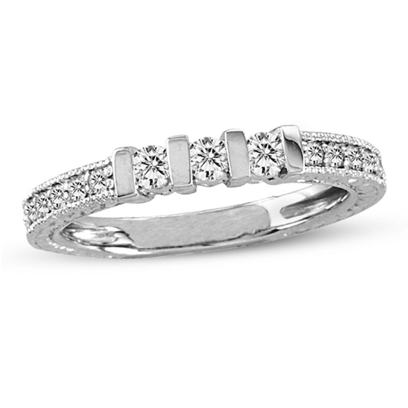Main Image 1 of Previously Owned - 1/3 CT. T.W. Diamond Three Stone Wedding Band in 14K White Gold (I/SI2)