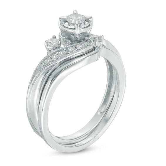 Previously Owned - 3/8 CT. T.w. Slant Three Stone Bridal Set in 10K White Gold