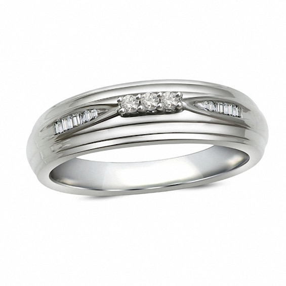 Previously Owned - 1/10 CT. T.w. Diamond Three Stone Wedding Band in 10K White Gold