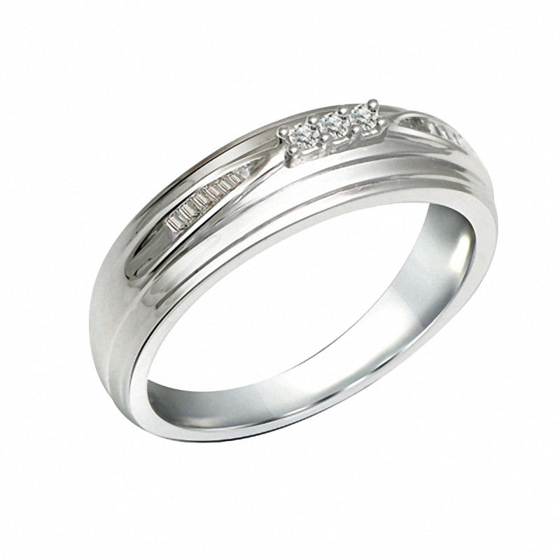 Main Image 2 of Previously Owned - 1/10 CT. T.W.  Diamond Three Stone Wedding Band in 10K White Gold