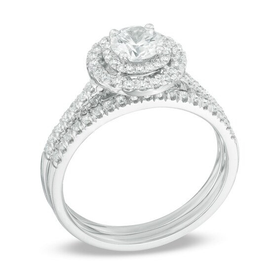 Previously Owned - 1 CT. T.w. Diamond Double Frame Bridal Set in 14K White Gold (I/I2)