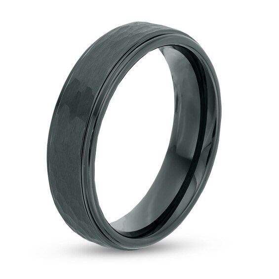 Previously Owned - Triton 6.0mm Comfort-Fit Hammered and Satin center Wedding Band in Black Tungsten