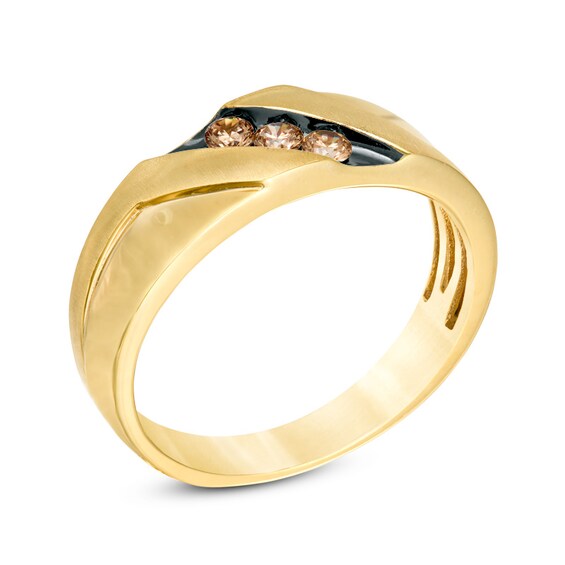 Previously Owned - Men's 1/5 CT. T.w. Champagne Diamond Three Stone Wedding Band in 10K Gold with Black Rhodium