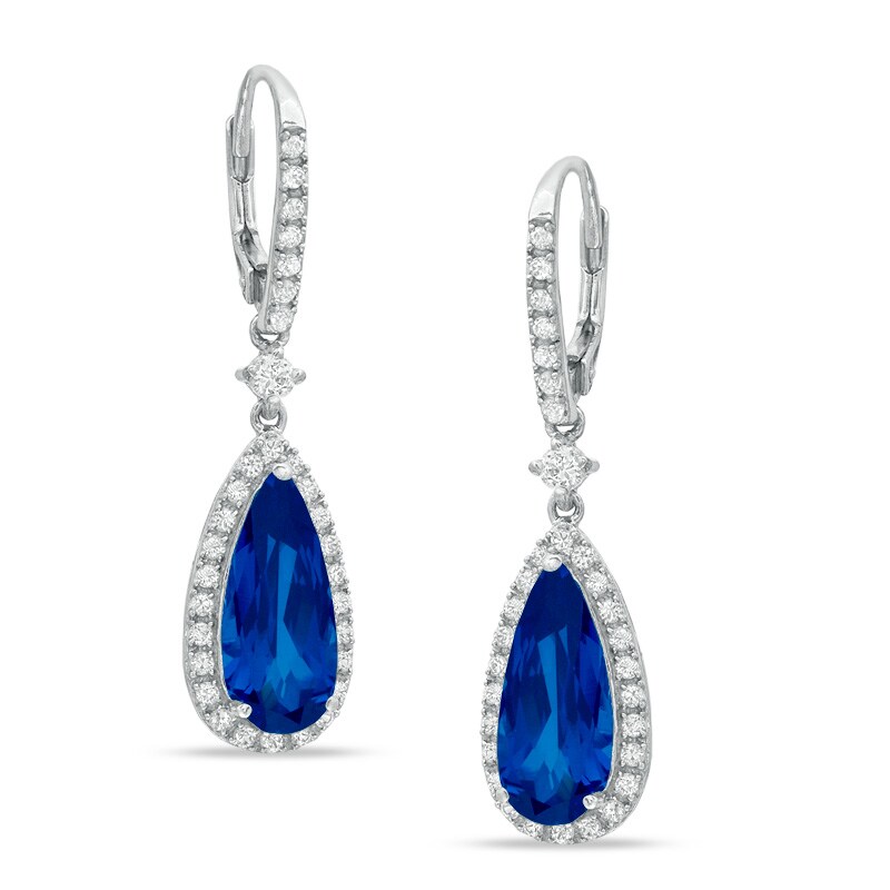 Main Image 1 of Previously Owned - Pear-Shaped Lab-Created Blue and White Sapphire Drop Earrings in Sterling Silver