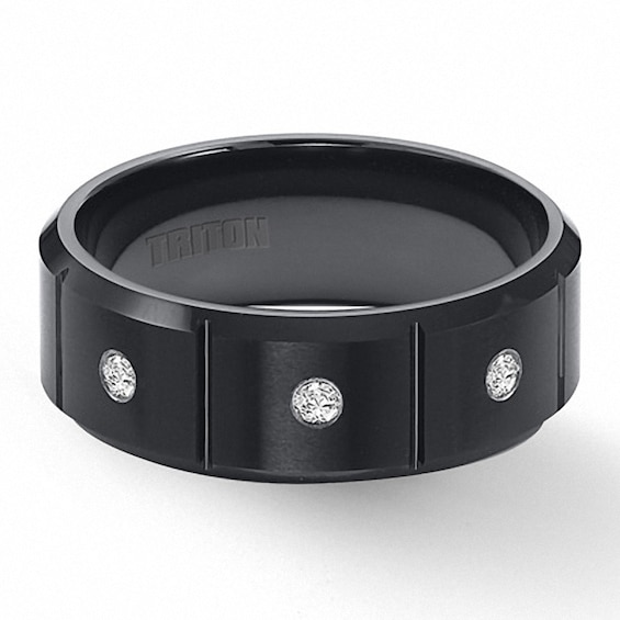 Previously Owned - Triton 1/10 CT. T.w. Diamond Three Stone Comfort Fit Black Tungsten Wedding Band
