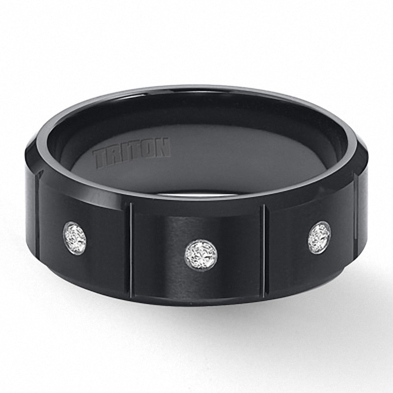 Main Image 1 of Previously Owned - Triton 1/10 CT. T.W. Diamond Three Stone Comfort Fit Black Tungsten Wedding Band