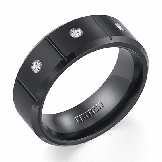 Previously Owned - Triton 1/10 CT. T.w. Diamond Three Stone Comfort Fit Black Tungsten Wedding Band