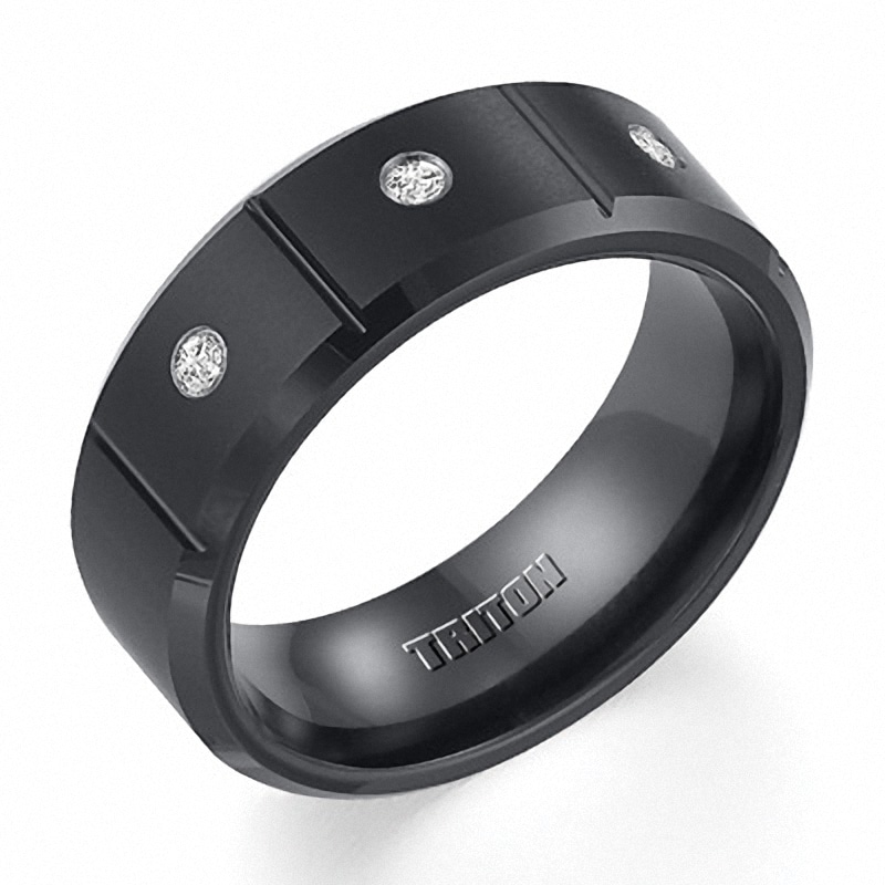 Main Image 2 of Previously Owned - Triton 1/10 CT. T.W. Diamond Three Stone Comfort Fit Black Tungsten Wedding Band