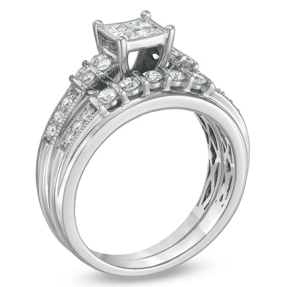 Previously Owned - 3/4 CT. T.w. Quad Princess-Cut Diamond Bridal Set in 10K White Gold