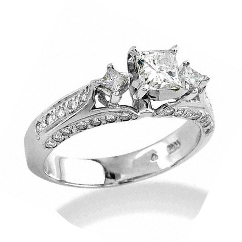 Main Image 1 of Previously Owned - 1 CT. T.W. Princess-Cut Diamond Three Stone Engagement Ring in 14K White Gold (I/SI2)