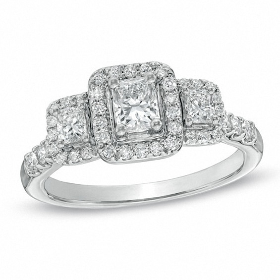 Previously Owned - 1 CT. T.w. Radiant-Cut Diamond Three Stone Ring in 14K White Gold (I/I1)