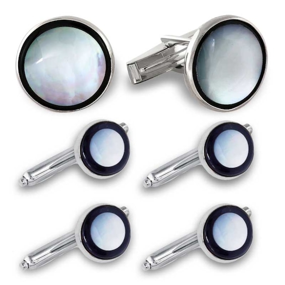 Previously Owned - Men's Round Mother-of-Pearl and Onyx Cuff Links with Shirt Studs Set in Sterling Silver