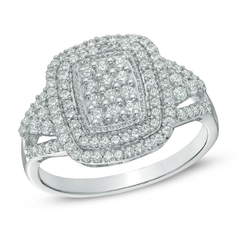 Main Image 1 of Previously Owned - 1/2 CT. T.W. Diamond Cluster Double Frame Ring in 10K White Gold