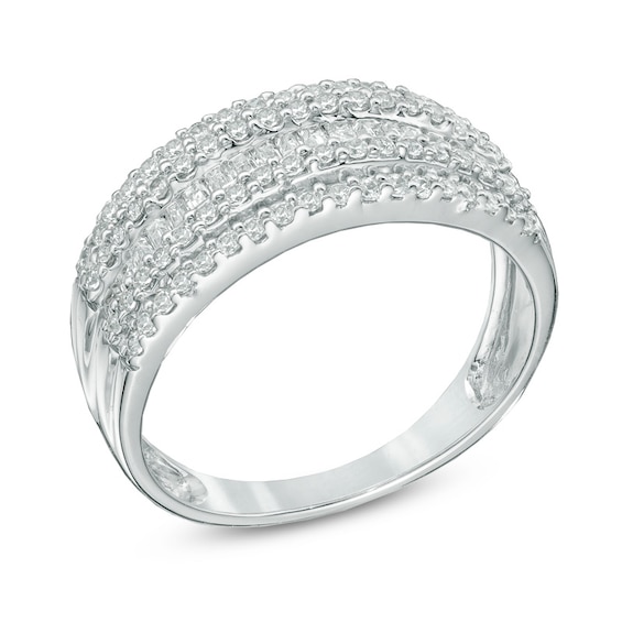 Previously Owned - 1/2 CT. T.w. Baguette and Round Diamond Layered Band in 10K White Gold