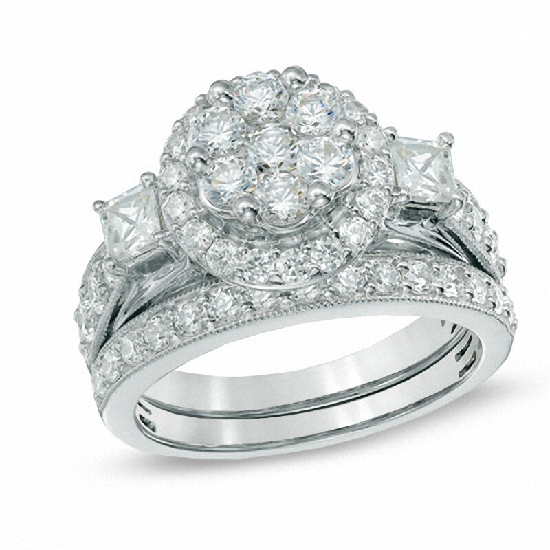 Main Image 1 of Previously Owned - 2 CT. T.W. Diamond Cluster Frame Bridal Set in 14K White Gold