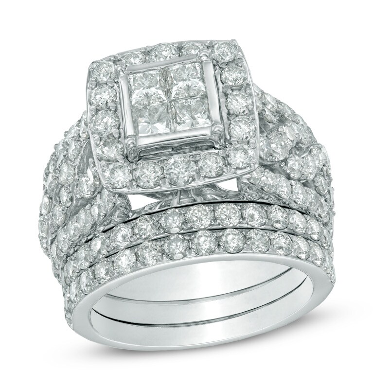 Main Image 1 of Previously Owned - 4 CT. T.W. Quad Princess-Cut Diamond Frame Bridal Set in 14K White Gold