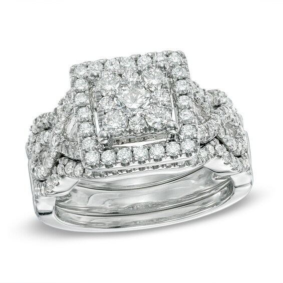 Previously Owned - 1-1/3 CT. T.w. Diamond Square Frame Woven Three Piece Bridal Set in 14K White Gold