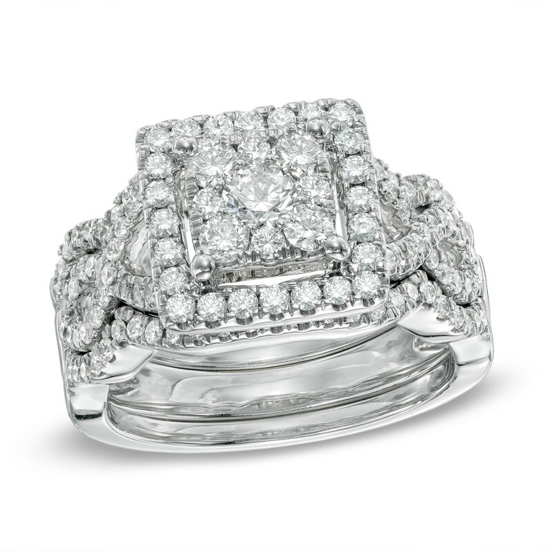 Main Image 1 of Previously Owned - 1-1/3 CT. T.W. Diamond Square Frame Woven Three Piece Bridal Set in 14K White Gold