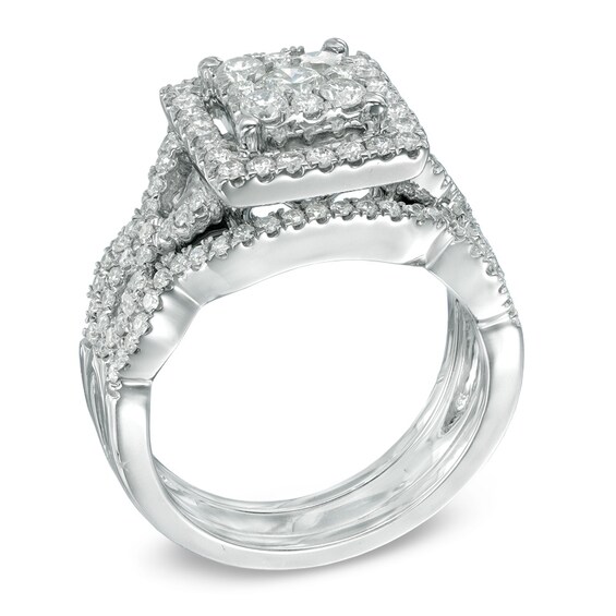 Previously Owned - 1-1/3 CT. T.w. Diamond Square Frame Woven Three Piece Bridal Set in 14K White Gold