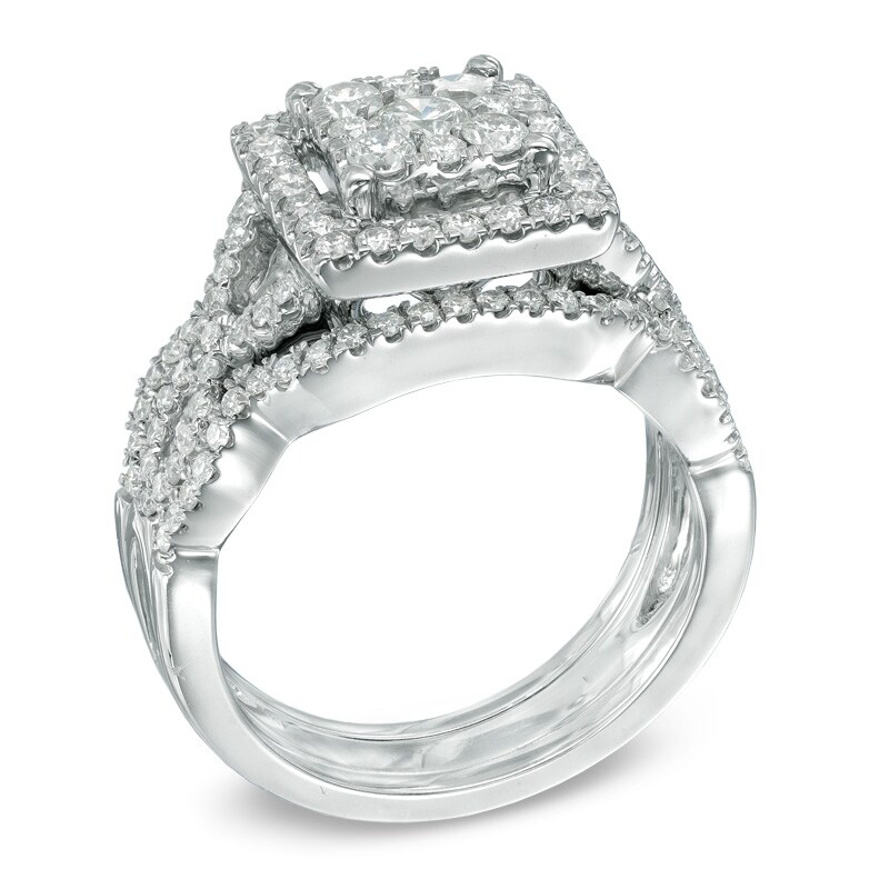 Main Image 2 of Previously Owned - 1-1/3 CT. T.W. Diamond Square Frame Woven Three Piece Bridal Set in 14K White Gold