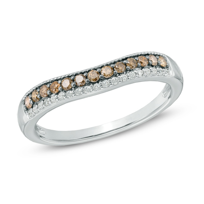 Main Image 1 of Previously Owned - 1/4 CT. T.W. Champagne and White Diamond Contour Wedding Band in 14K White Gold