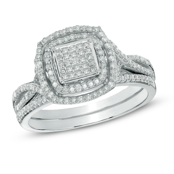 Previously Owned - 1/2 CT. T.w. Diamond Square Composite Frame Bridal Set in 10K White Gold