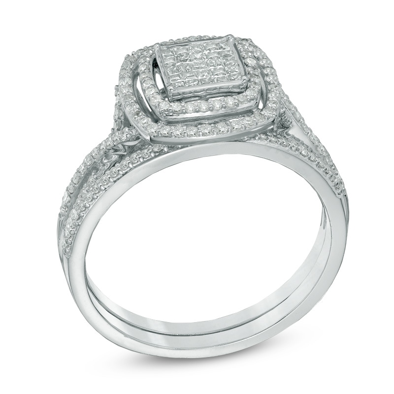 Main Image 2 of Previously Owned - 1/2 CT. T.W. Diamond Square Composite Frame Bridal Set in 10K White Gold