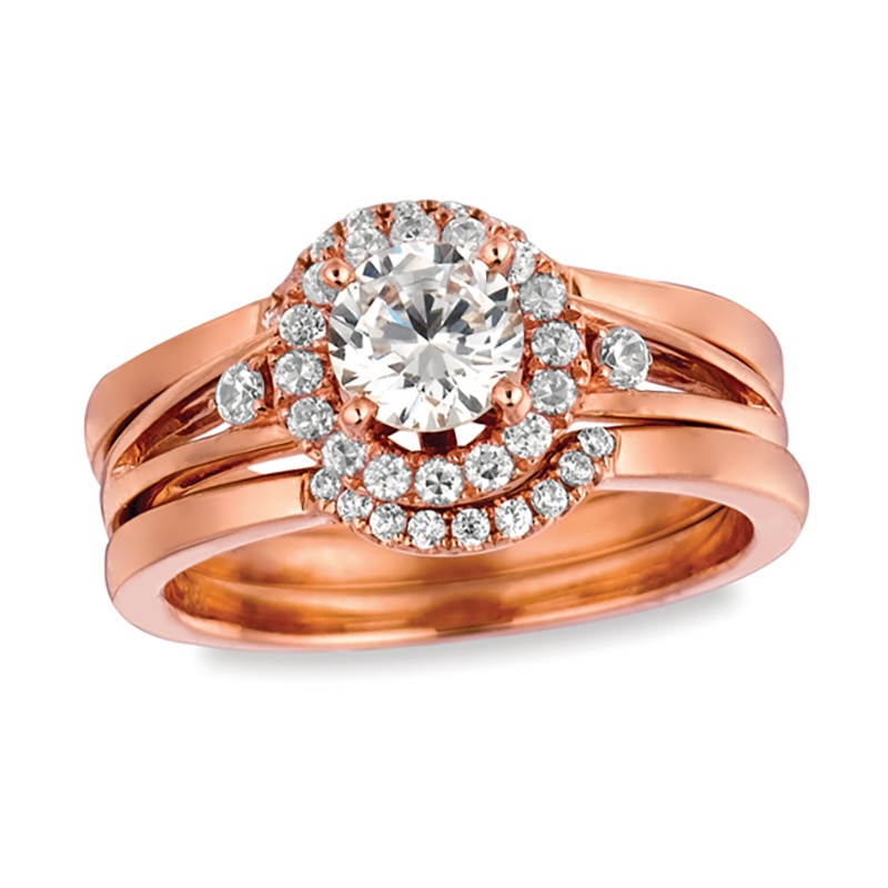 Main Image 1 of Previously Owned - 7/8 CT. T.W. Diamond Frame Three Piece Bridal Set in 14K Rose Gold