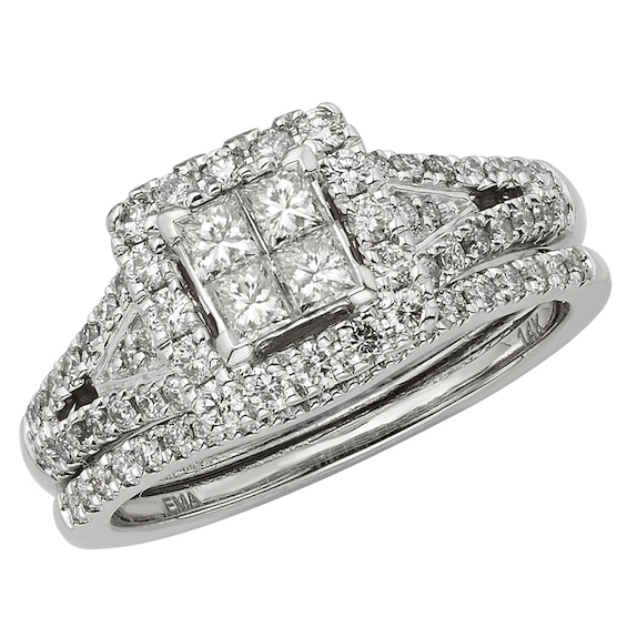 Previously Owned - 1 CT. T.w. Princess-Cut Quad Diamond Split Shank Bridal Set in 14K White Gold (I/I2)