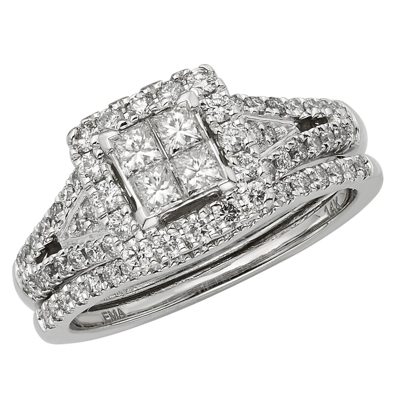 Main Image 1 of Previously Owned - 1 CT. T.W. Princess-Cut Quad Diamond Split Shank Bridal Set in 14K White Gold (I/I2)