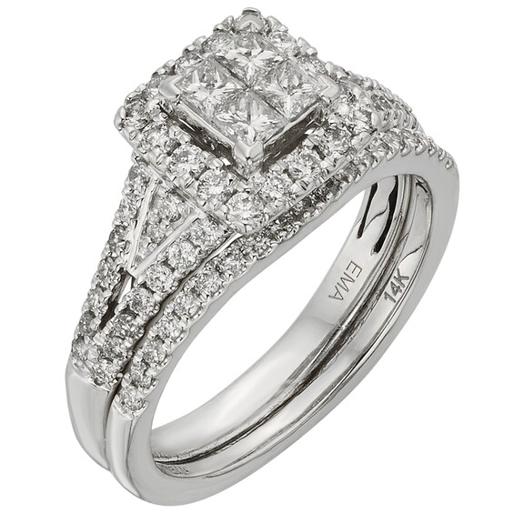 Previously Owned - 1 CT. T.w. Princess-Cut Quad Diamond Split Shank Bridal Set in 14K White Gold (I/I2)