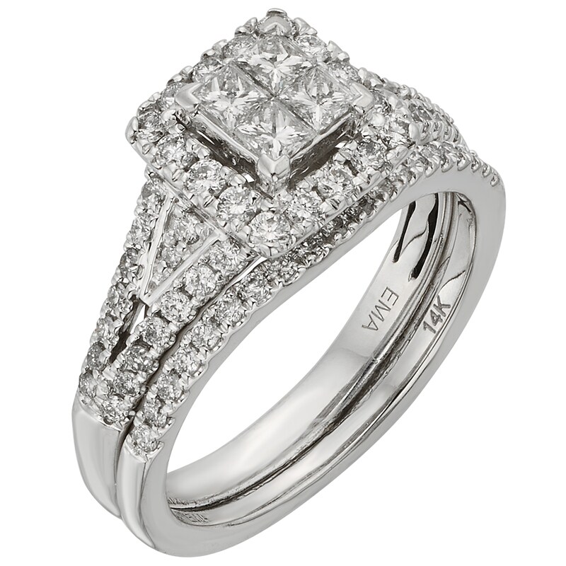 Main Image 2 of Previously Owned - 1 CT. T.W. Princess-Cut Quad Diamond Split Shank Bridal Set in 14K White Gold (I/I2)
