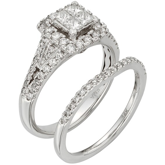 Previously Owned - 1 CT. T.w. Princess-Cut Quad Diamond Split Shank Bridal Set in 14K White Gold (I/I2)