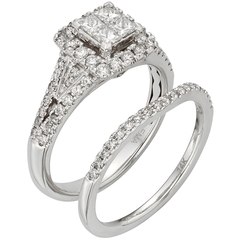 Main Image 3 of Previously Owned - 1 CT. T.W. Princess-Cut Quad Diamond Split Shank Bridal Set in 14K White Gold (I/I2)