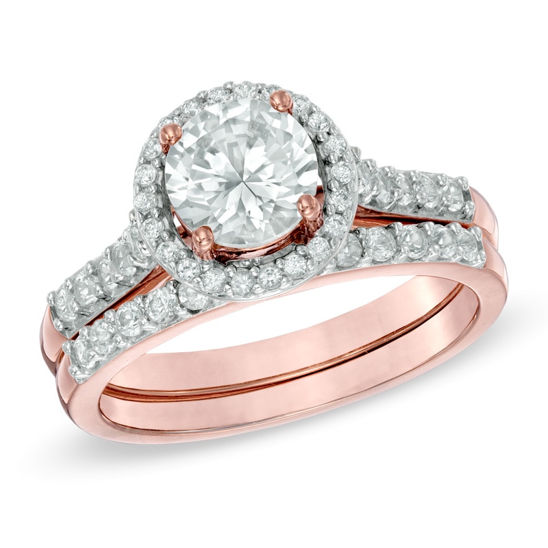 Main Image 1 of Previously Owned - 6.5mm Lab-Created White Sapphire Frame Ring Set in Sterling Silver with 14K Rose Gold Plate
