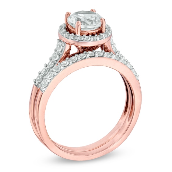 Previously Owned - 6.5mm Lab-Created White Sapphire Frame Ring Set in Sterling Silver with 14K Rose Gold Plate
