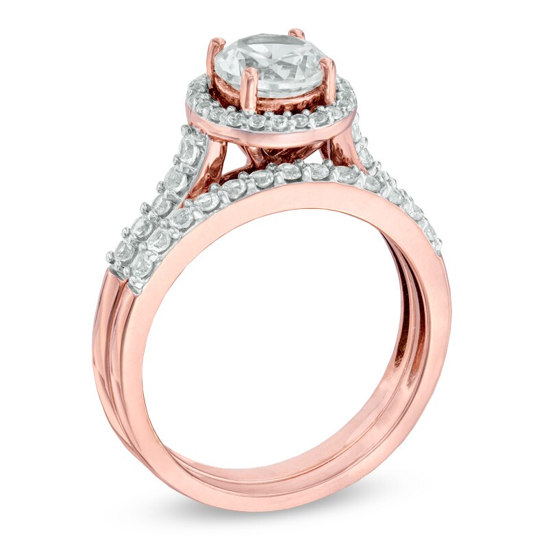 Main Image 2 of Previously Owned - 6.5mm Lab-Created White Sapphire Frame Ring Set in Sterling Silver with 14K Rose Gold Plate