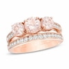 Thumbnail Image 1 of Previously Owned - Morganite and 1/2 CT. T.W. Diamond Three Stone Bridal Set in 14K Rose Gold