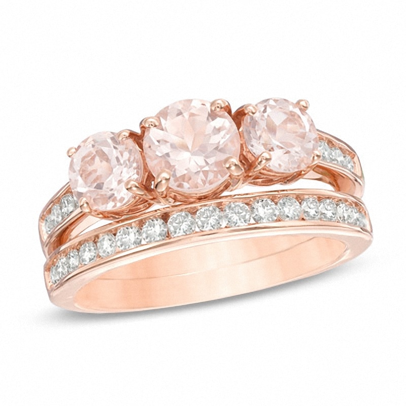 Main Image 1 of Previously Owned - Morganite and 1/2 CT. T.W. Diamond Three Stone Bridal Set in 14K Rose Gold