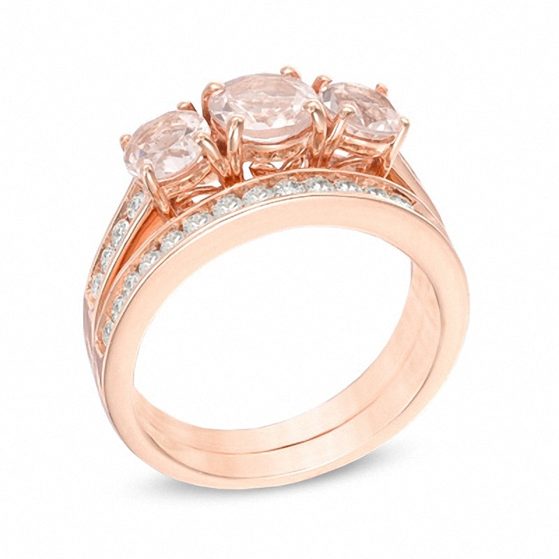 Main Image 2 of Previously Owned - Morganite and 1/2 CT. T.W. Diamond Three Stone Bridal Set in 14K Rose Gold