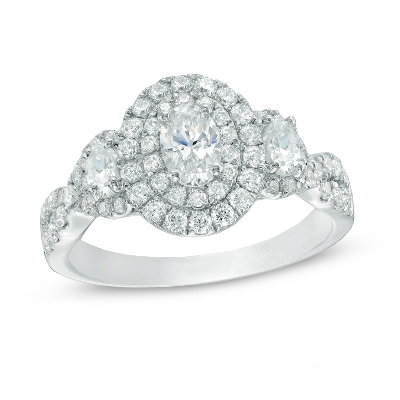 Main Image 1 of Previously Owned - 1-3/4 CT. T.W. Oval Diamond Past Present Future® Double Frame Engagement Ring in 14K White Gold