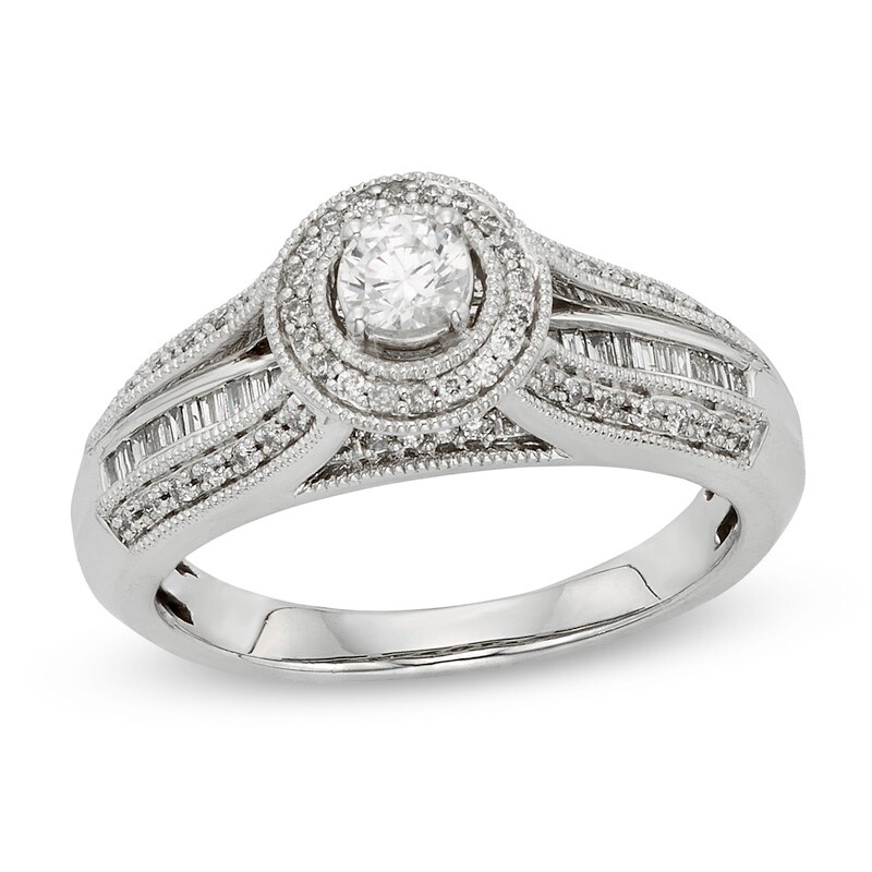 Main Image 1 of Previously Owned - 1/2 CT. T.W. Diamond Frame Vintage-Style Engagement Ring in 10K White Gold