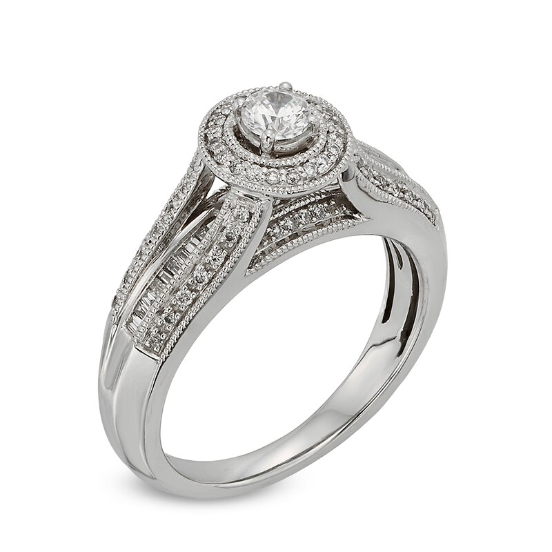 Main Image 2 of Previously Owned - 1/2 CT. T.W. Diamond Frame Vintage-Style Engagement Ring in 10K White Gold