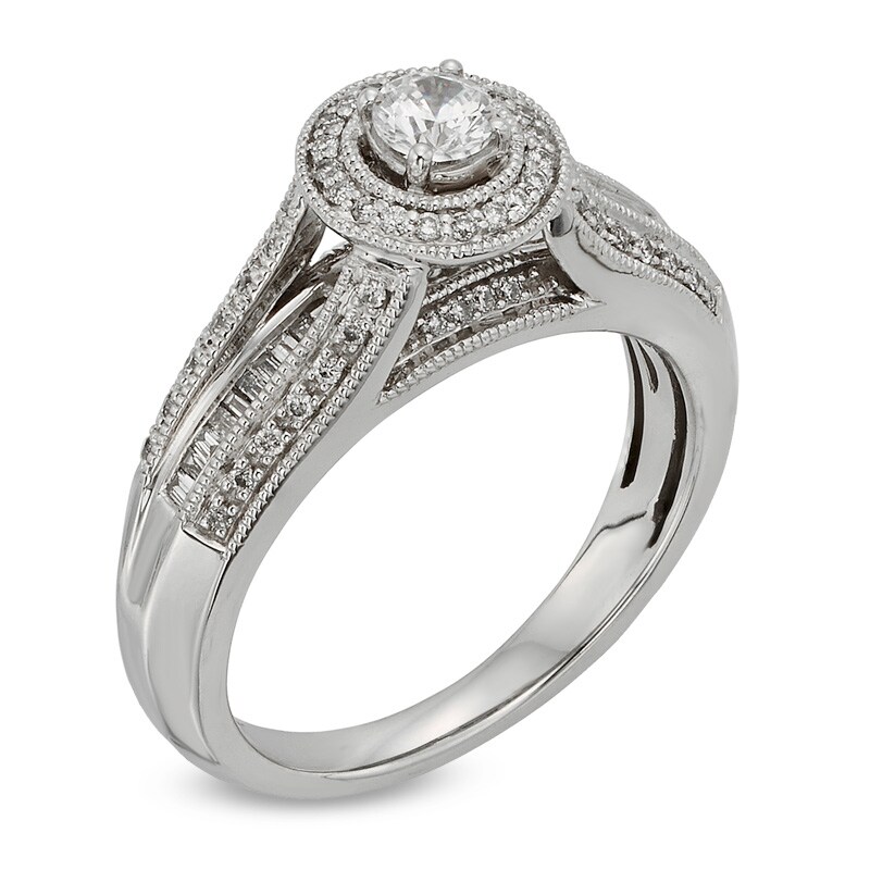 Main Image 3 of Previously Owned - 1/2 CT. T.W. Diamond Frame Vintage-Style Engagement Ring in 10K White Gold
