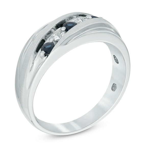 Previously Owned - Lab-Created Blue and White Sapphire Five Stone Slant Band in Sterling Silver